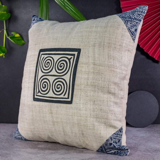 White Hemp Cushion Cover, beeswax batik corner, white hand-embroidered patch