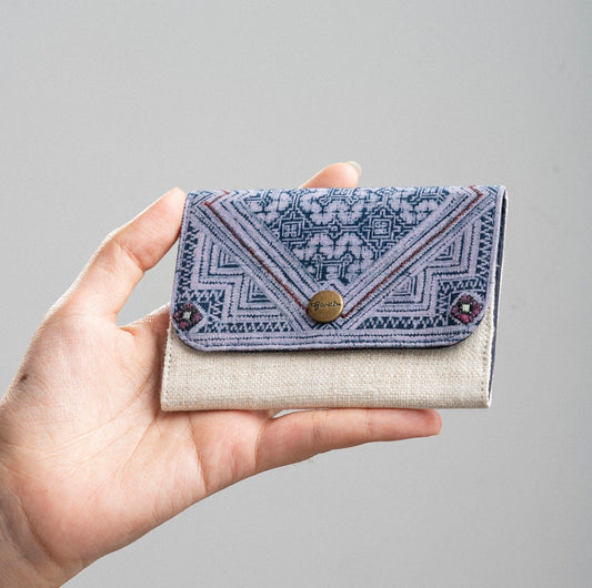 White Hemp card holder, Indigo Batik fabric